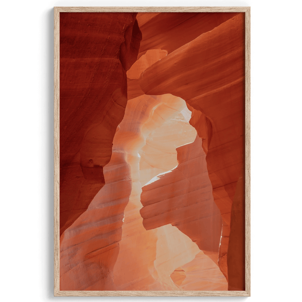 A fine art Arizona Desert print showcasing Antelope Canyon in Arizona. The three layers of rocks in varying colors and creamy textures create a stunning minimalist desert landscape, with vibrant reds and oranges adding warmth to any space.