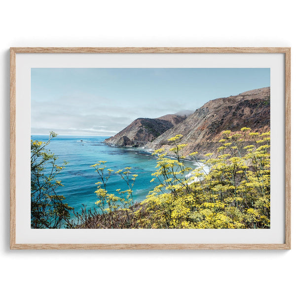 Coastal wall art featuring wildflowers and cliffs along Route #1 near Bixby Bridge in Big Sur.