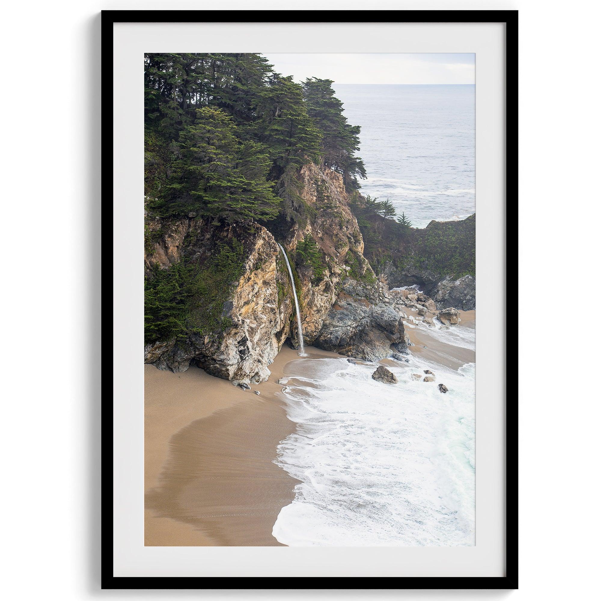 Unique coastal wall art of McWay Beach in Big Sur with a waterfall flowing onto the sandy beach.