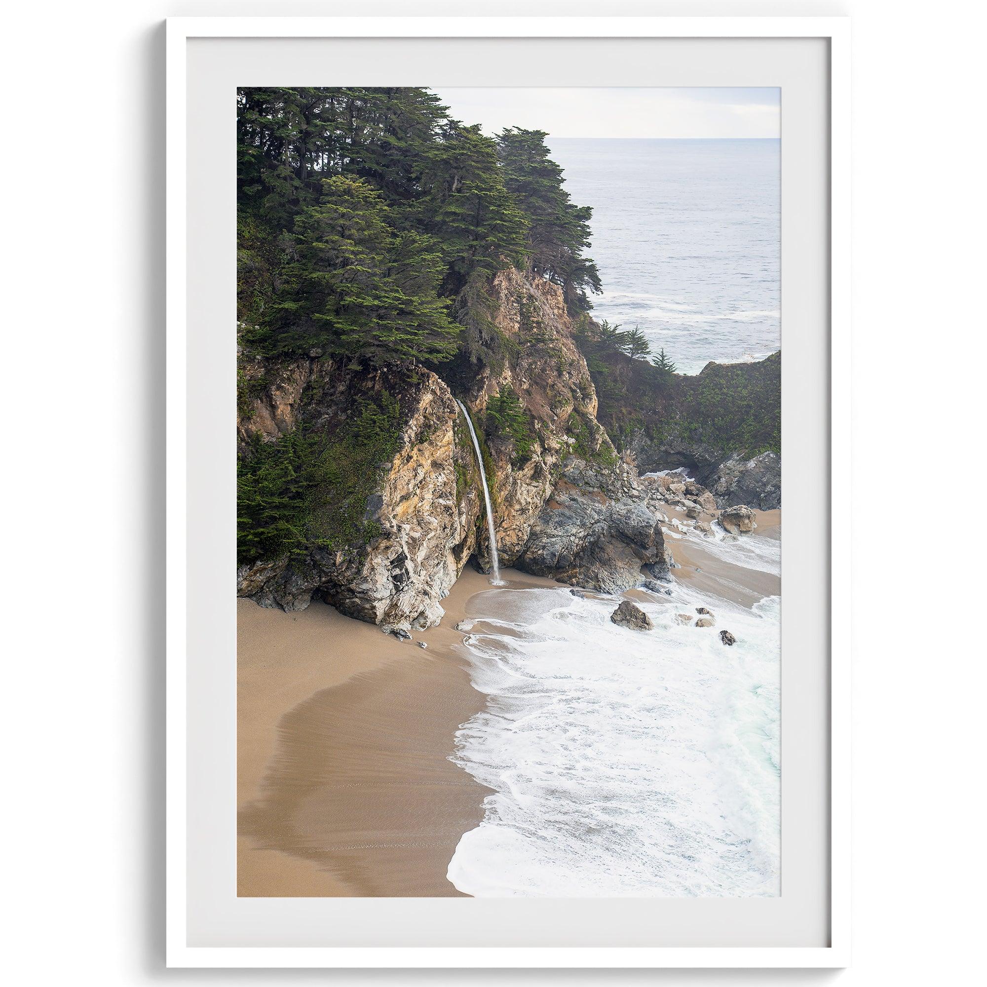 Unique coastal wall art of McWay Beach in Big Sur with a waterfall flowing onto the sandy beach.