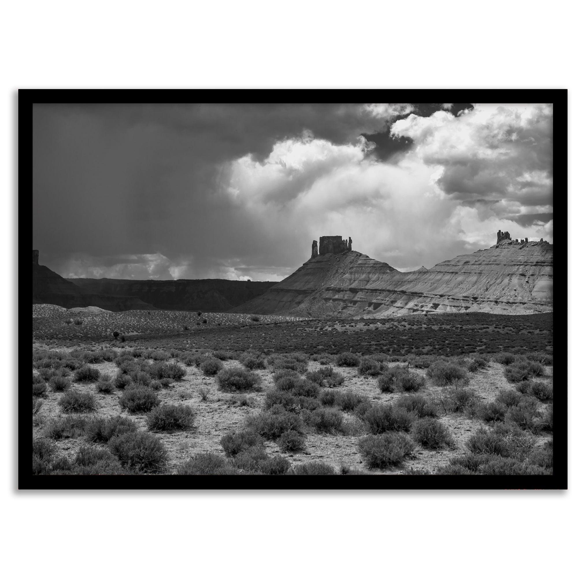 Black and white Utah wall art featuring dramatic desert rock formations and storm clouds