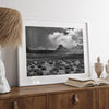 Black and white Utah wall art featuring dramatic desert rock formations and storm clouds