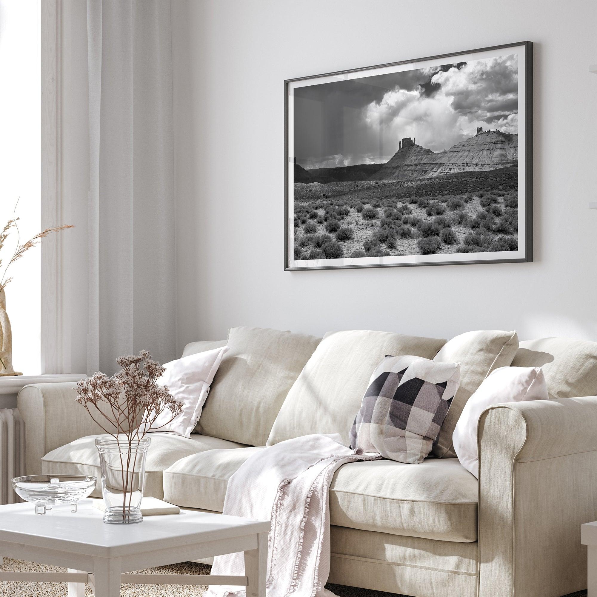 Black and white Utah wall art featuring dramatic desert rock formations and storm clouds