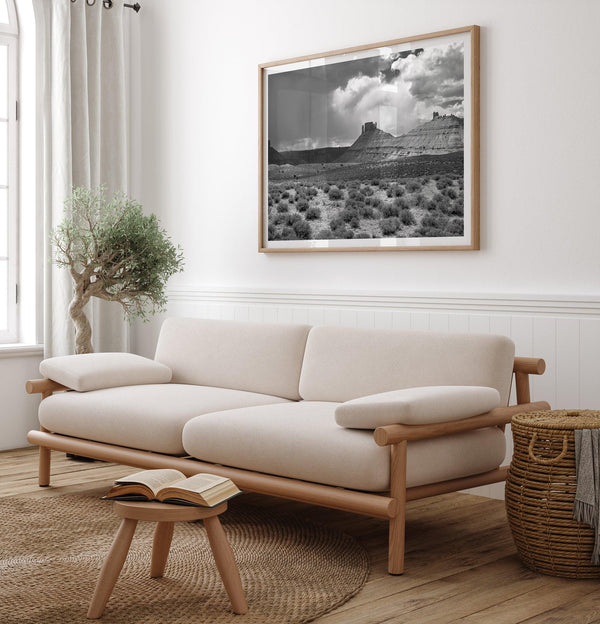 Black and white Utah wall art featuring dramatic desert rock formations and storm clouds