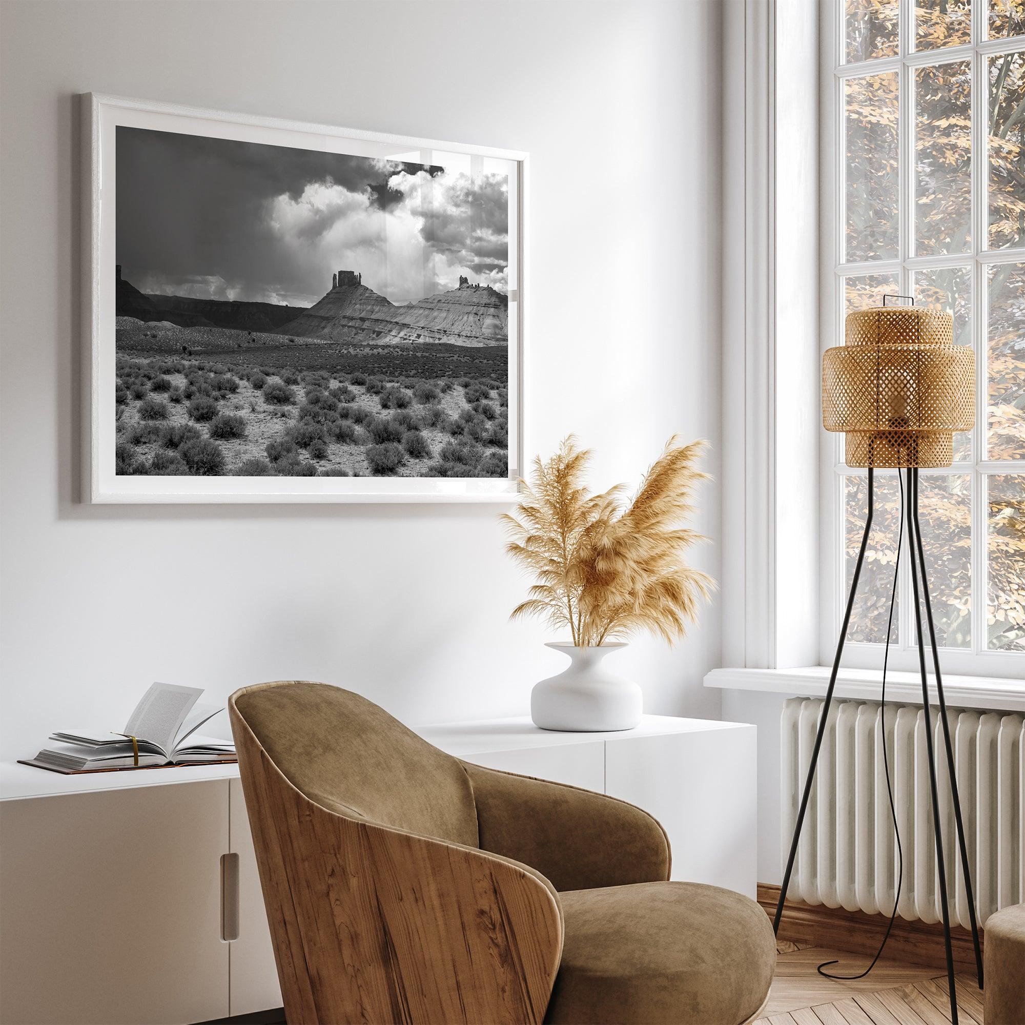 Black and white Utah wall art featuring dramatic desert rock formations and storm clouds