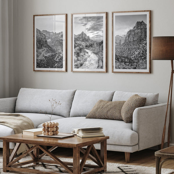 Zion wall art set featuring black and white photography of Zion National Park’s cliffs and Virgin River