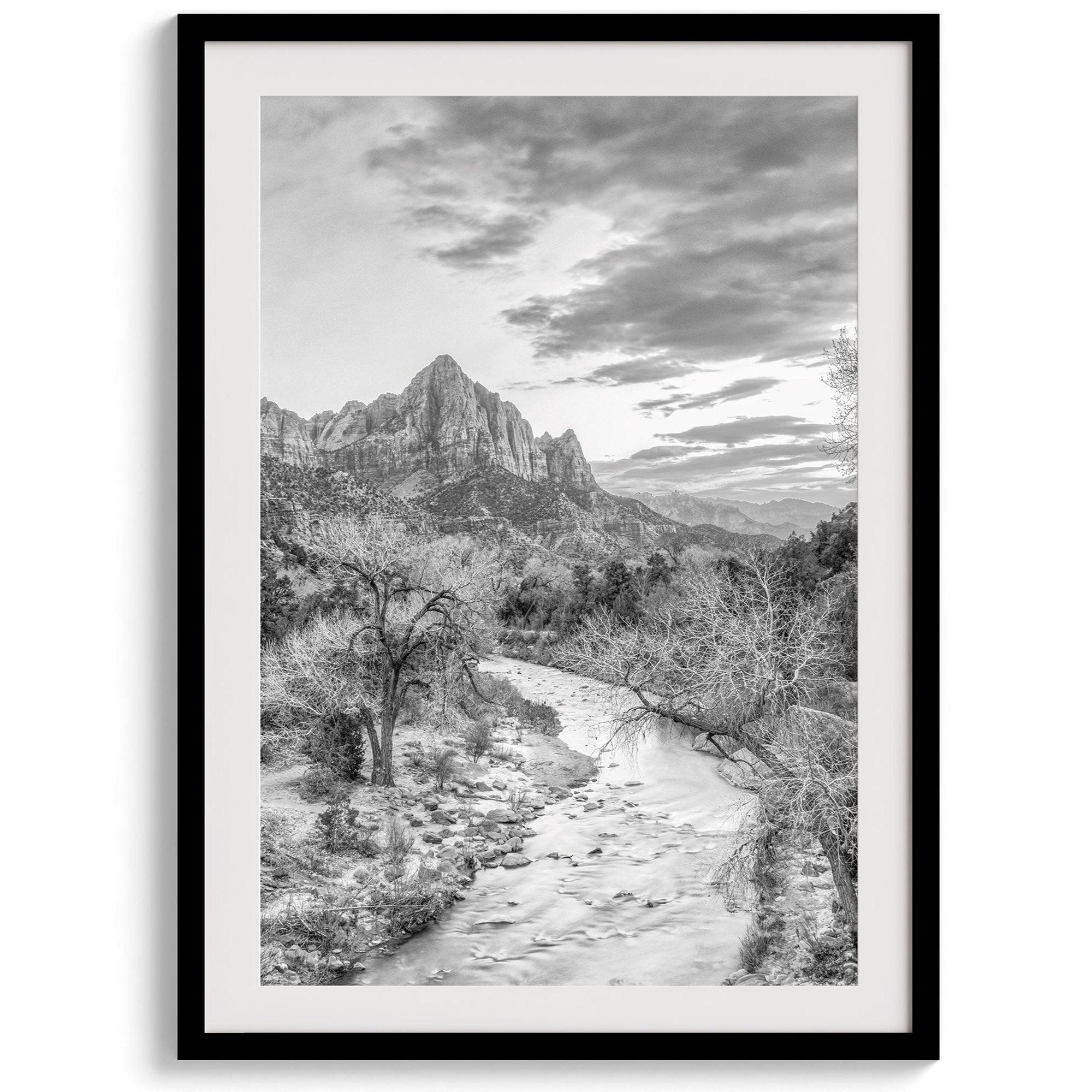 Zion wall art set featuring black and white photography of Zion National Park’s cliffs and Virgin River