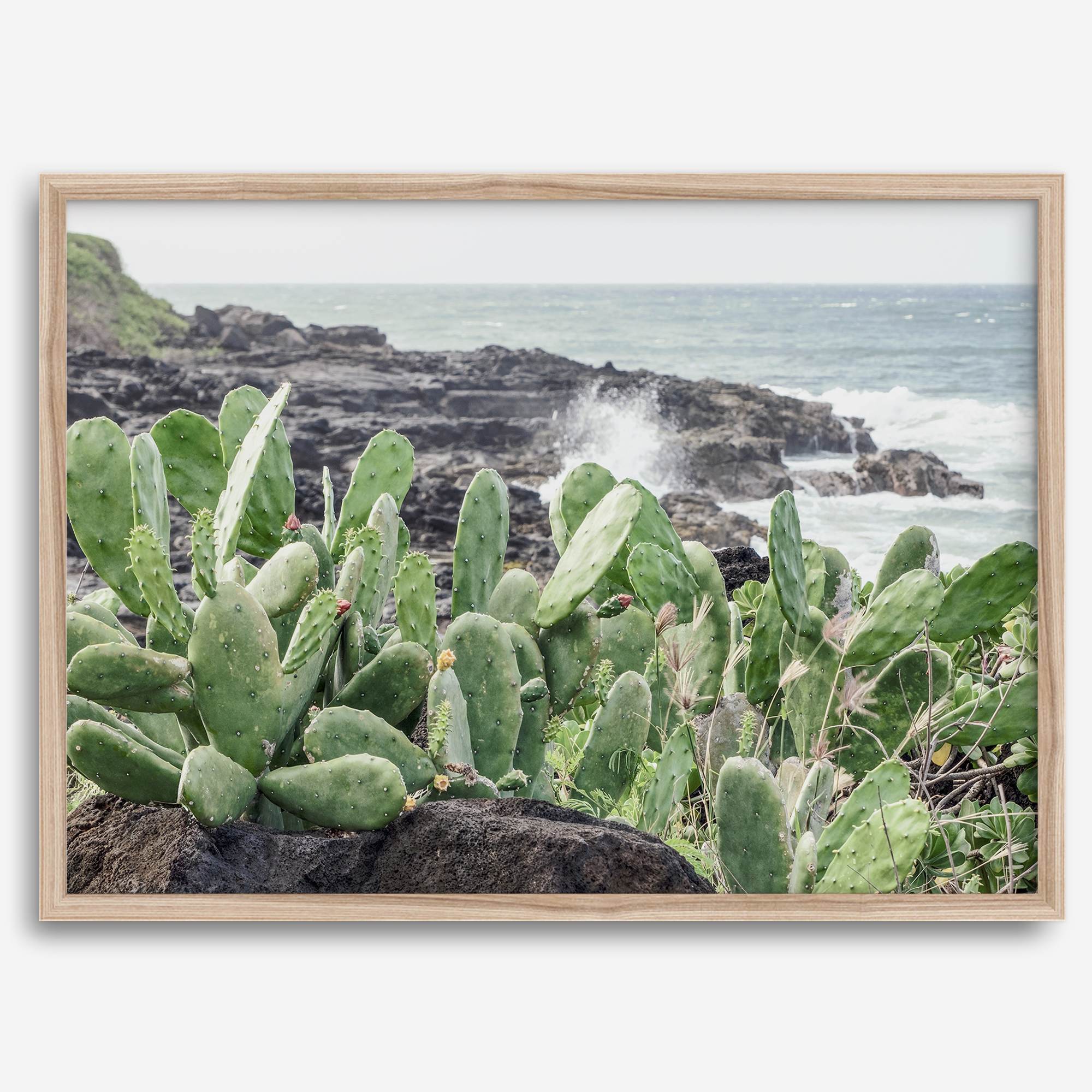Cactus wall art of Kauai coast with ocean waves and tropical greenery.