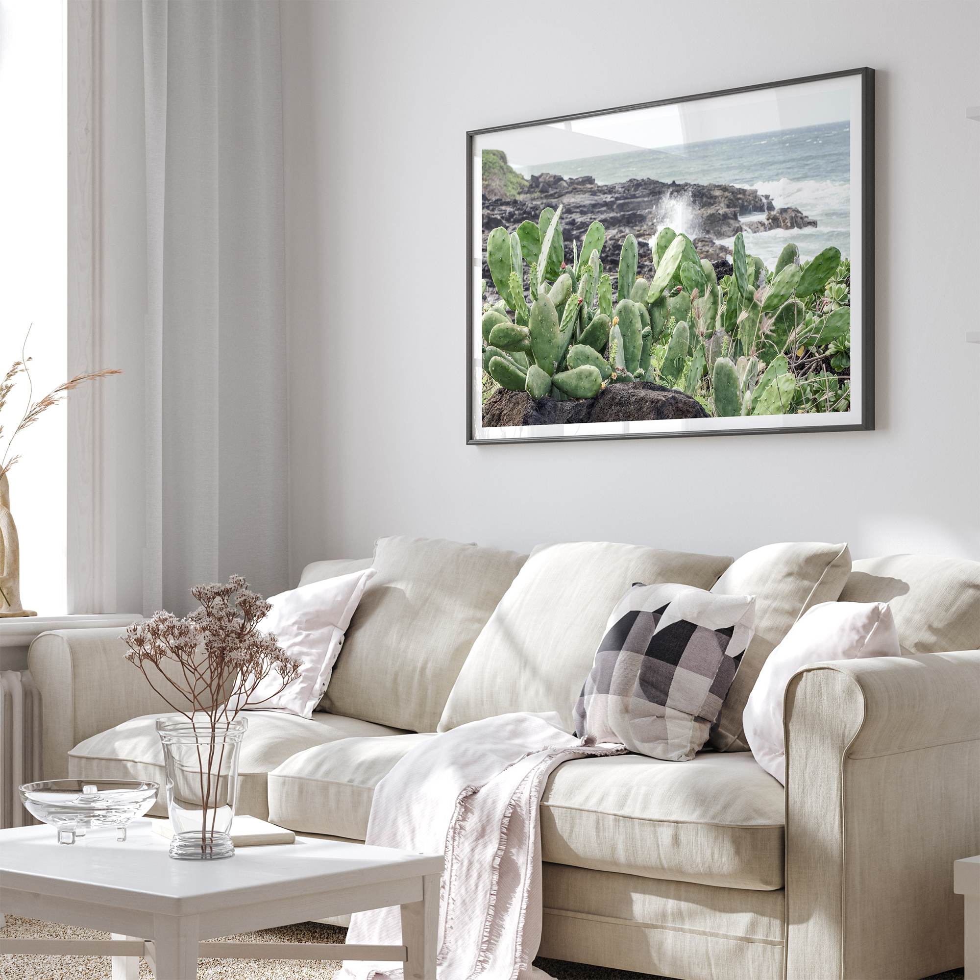 Cactus wall art of Kauai coast with ocean waves and tropical greenery.