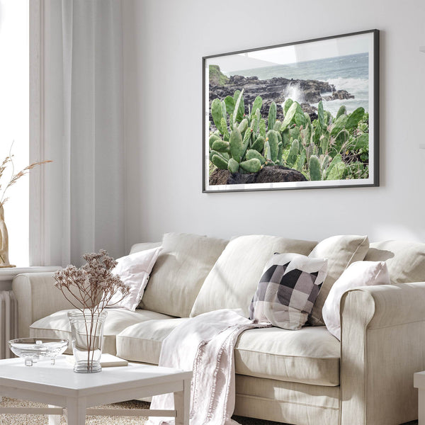 Cactus wall art of Kauai coast with ocean waves and tropical greenery.
