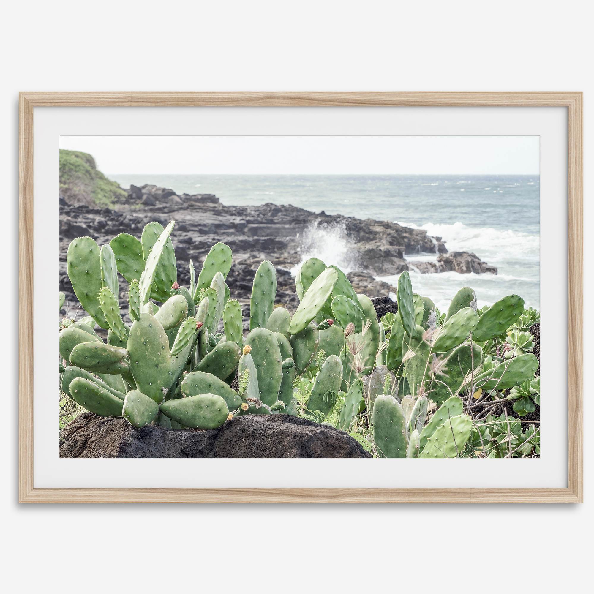 Cactus wall art of Kauai coast with ocean waves and tropical greenery.