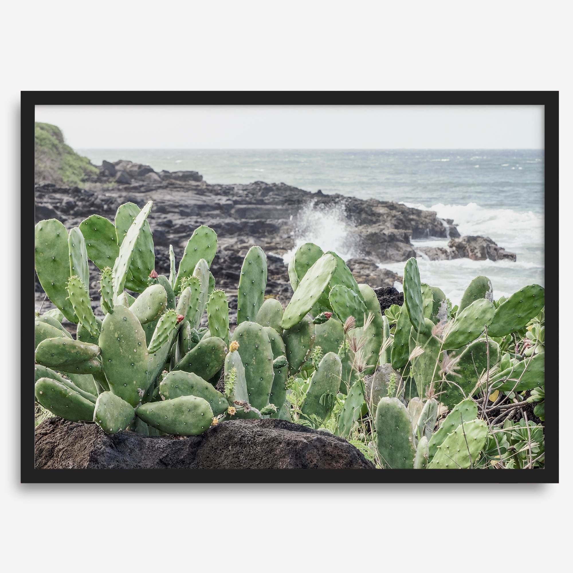 Cactus wall art of Kauai coast with ocean waves and tropical greenery.