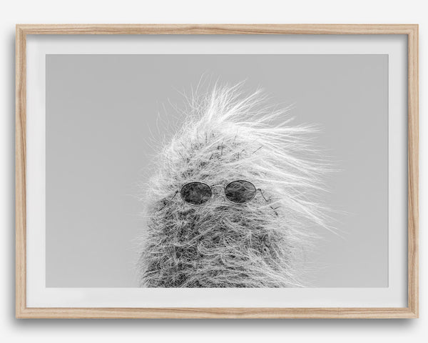 Black-and-white cactus print featuring a windswept cool cactus with sunglasses in a minimalist desert setting.