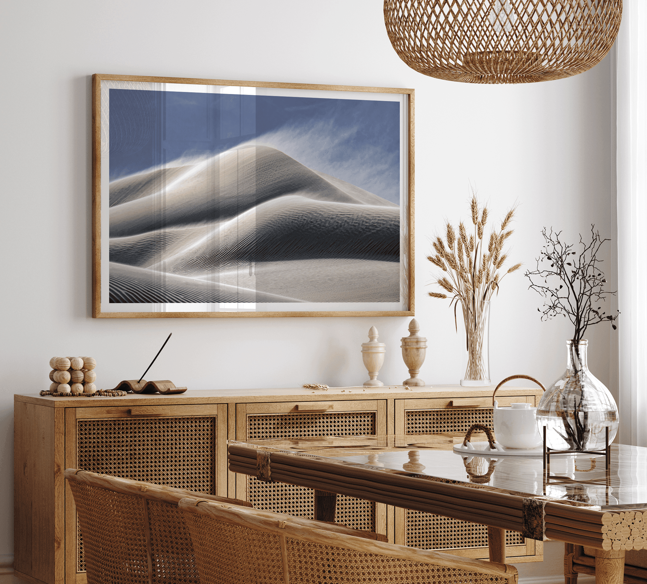 Fine art photo of Mesquite Flat Sand Dunes in Death Valley at golden hour. Windblown sand creates textured patterns across the immense dunes, bathed in warm light.