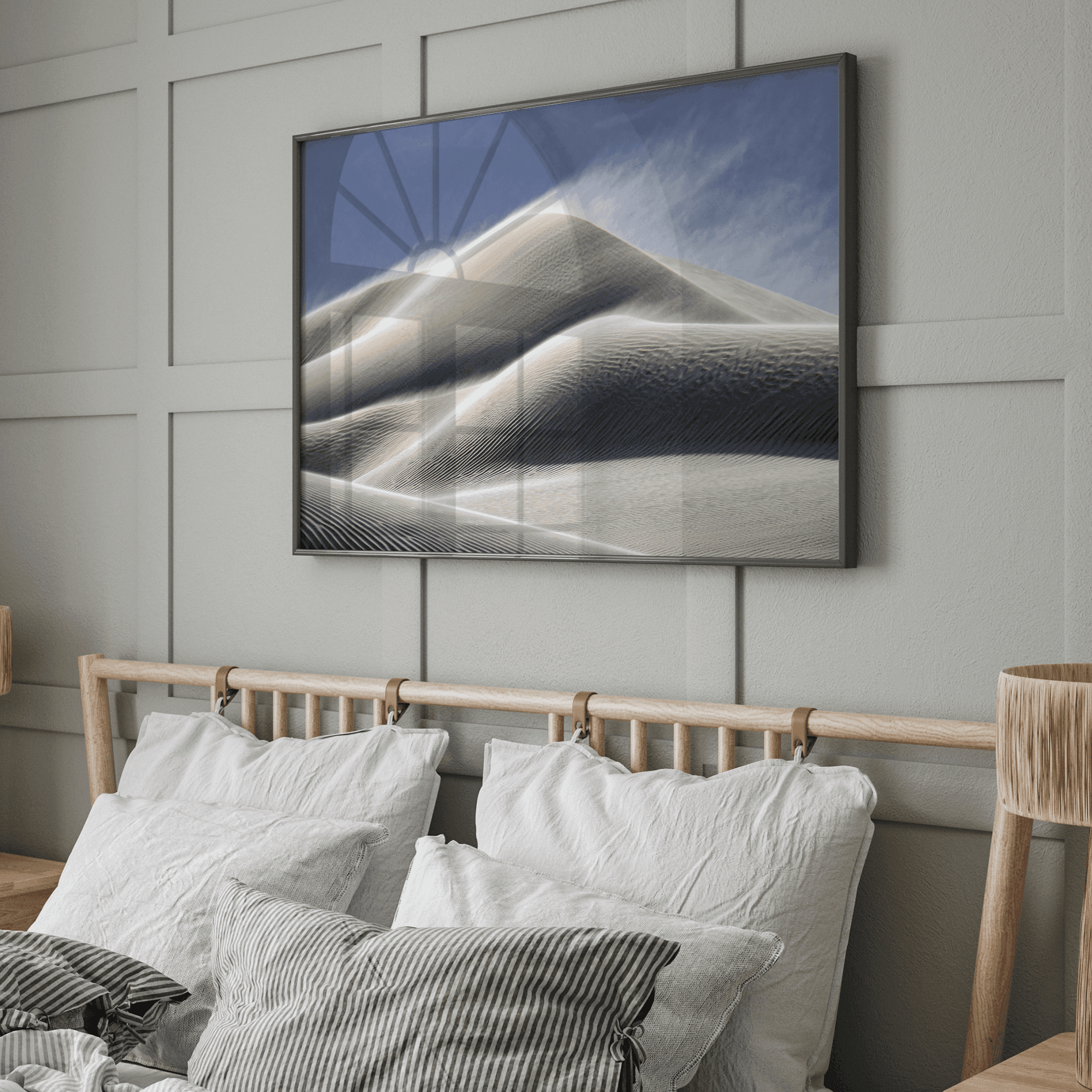 Fine art photo of Mesquite Flat Sand Dunes in Death Valley at golden hour. Windblown sand creates textured patterns across the immense dunes, bathed in warm light.