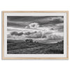 Moody landscape art of Sierra Vista Preserve with a lone tree and dramatic clouds in black and white.