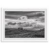 Moody landscape art of Sierra Vista Preserve with a lone tree and dramatic clouds in black and white.