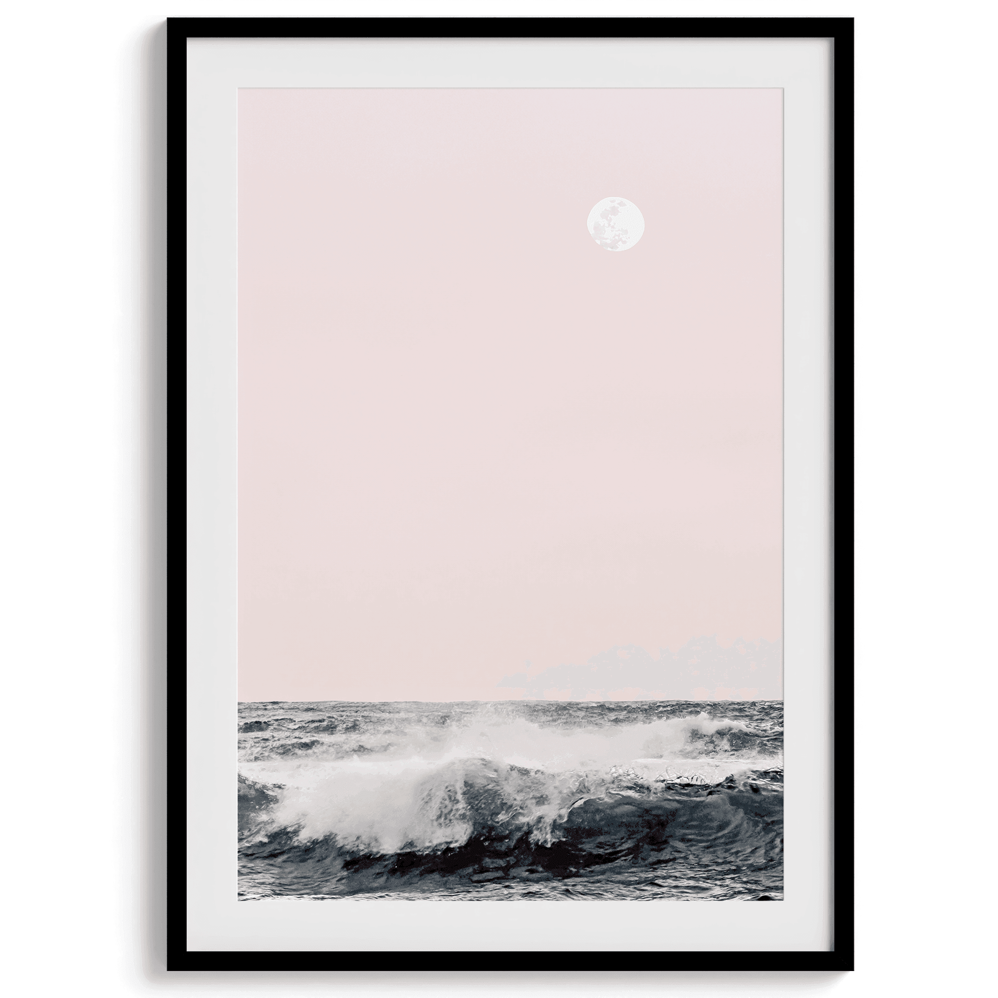 This extraordinary ocean wall art captures a mesmerizing moment when a powerful wave crashes while the sunset gentle blush pink hues fill the sky and a large full moon rises majestically in the backdrop.