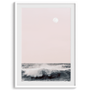 This extraordinary ocean wall art captures a mesmerizing moment when a powerful wave crashes while the sunset gentle blush pink hues fill the sky and a large full moon rises majestically in the backdrop.