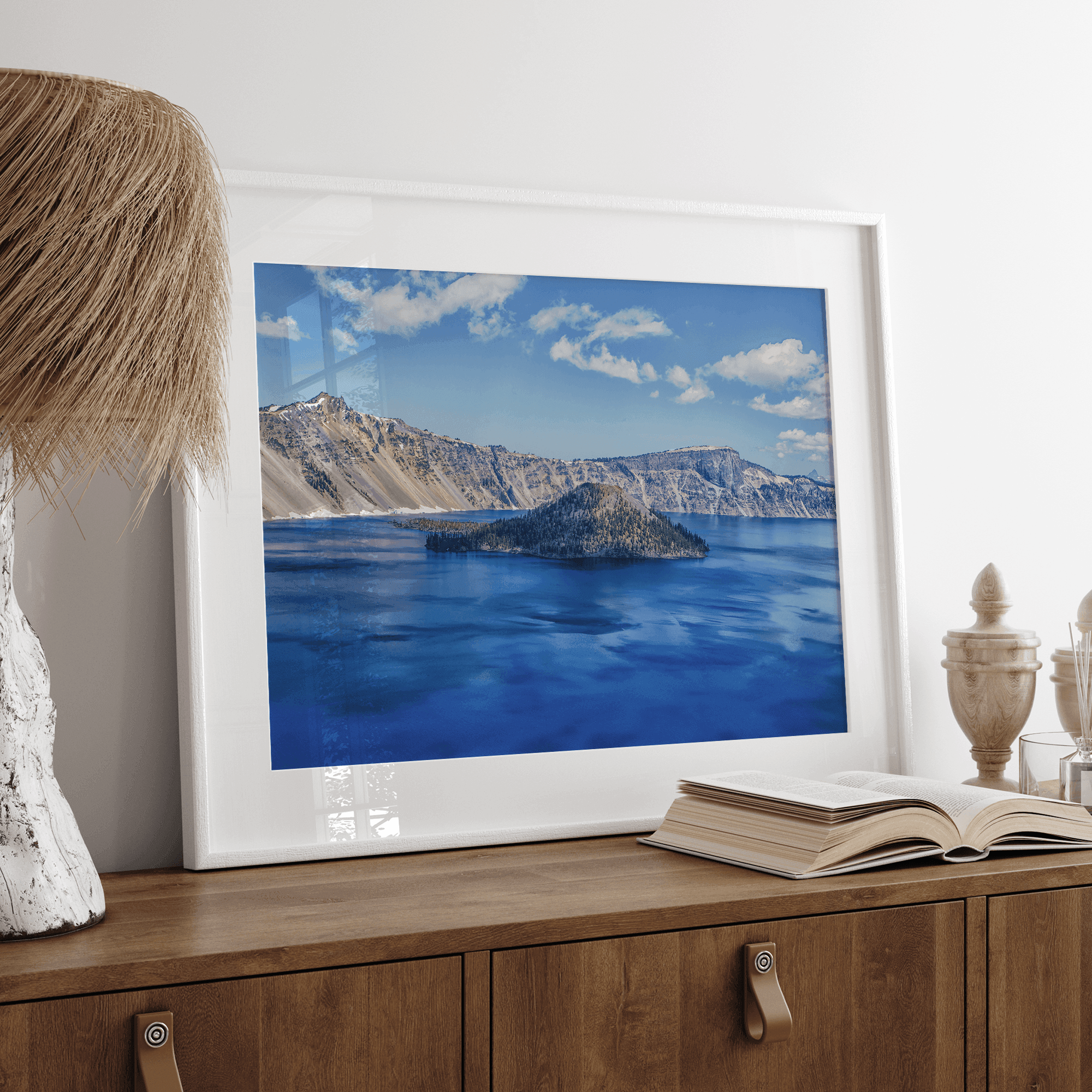 A high-end premium fine art photography print of Crater Lake National Park featuring a fine art original photograph of Crater Lake in vivid colors.