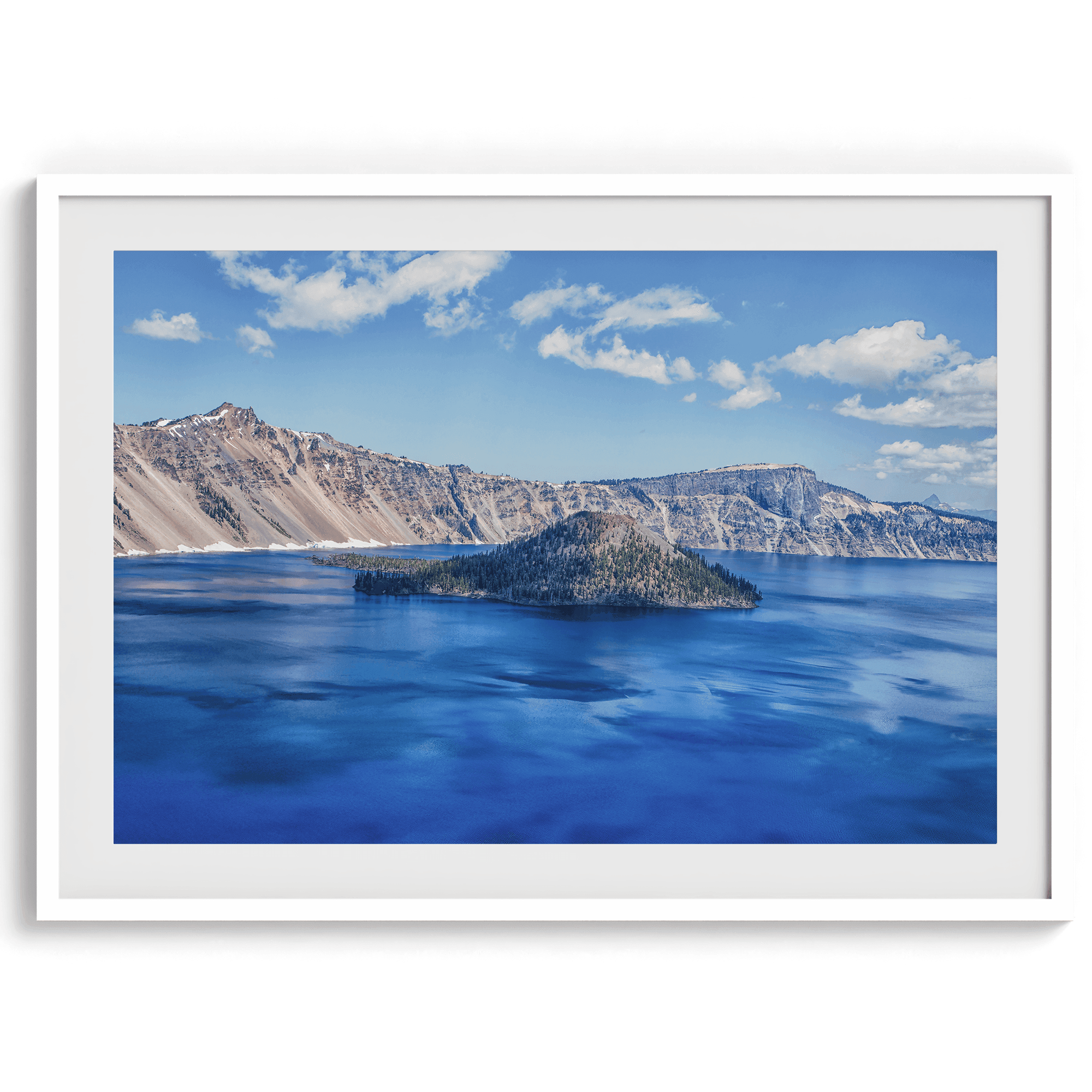 A high-end premium fine art photography print of Crater Lake National Park featuring a fine art original photograph of Crater Lake in vivid colors.