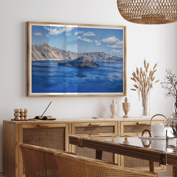A high-end premium fine art photography print of Crater Lake National Park featuring a fine art original photograph of Crater Lake in vivid colors.
