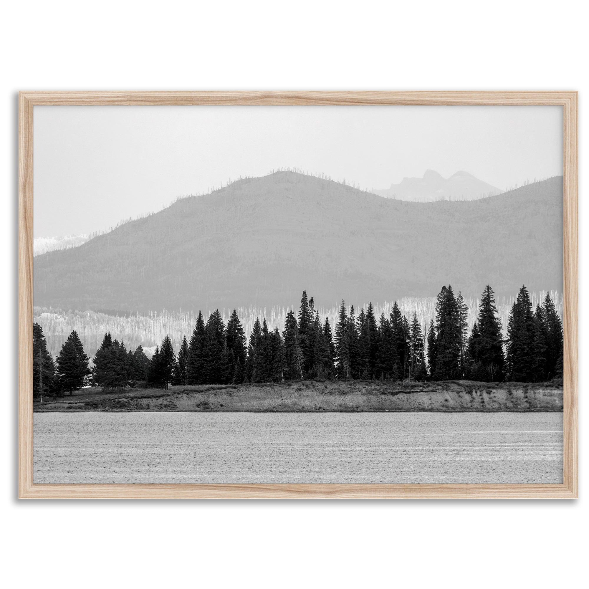 Abstract nature art of a forested island on Yellowstone Lake with black-and-white photography and misty mountains.