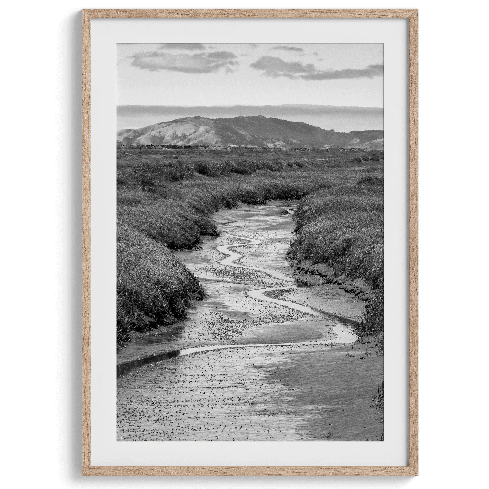 A captivating fine art black and white nature portrait print that transports viewers to the enchanting marshlands of California, where a winding little river weaves its way through a picturesque landscape.