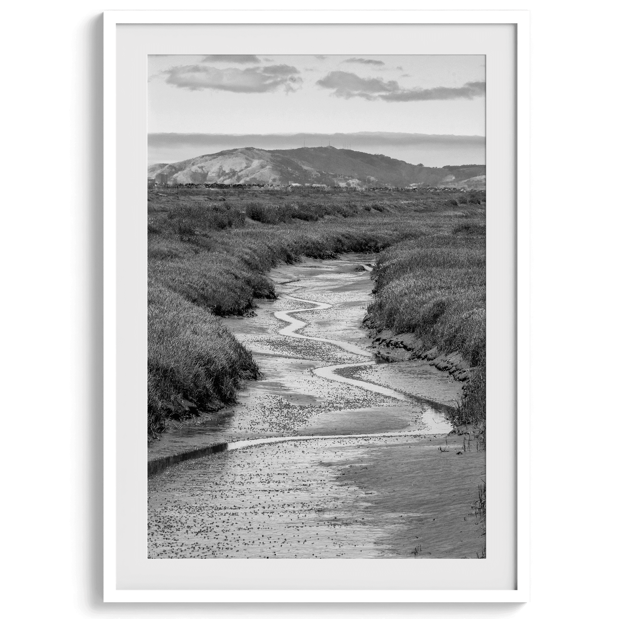 A captivating fine art black and white nature portrait print that transports viewers to the enchanting marshlands of California, where a winding little river weaves its way through a picturesque landscape.