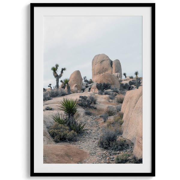 A fine art framed desert print featuring unique rock formations, desert plants, and Joshua Trees.