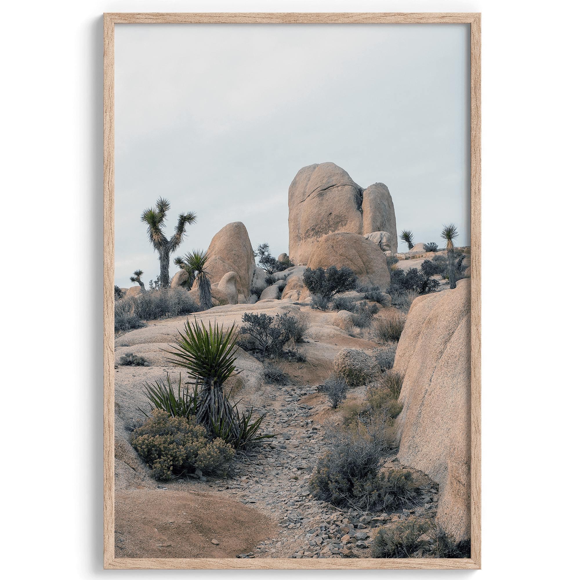 A fine art framed desert print featuring unique rock formations, desert plants, and Joshua Trees.