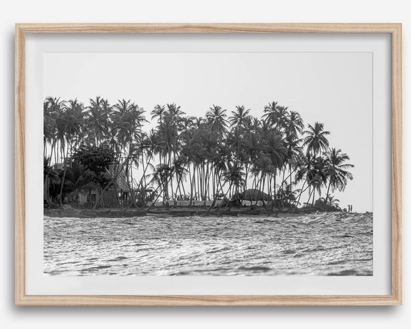 Black and white photo of a palm tree-covered Caribbean island in the Dominican Republic – tropical fine art photography print