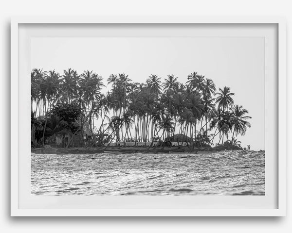 Black and white photo of a palm tree-covered Caribbean island in the Dominican Republic – tropical fine art photography print