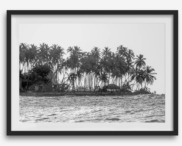 Black and white photo of a palm tree-covered Caribbean island in the Dominican Republic – tropical fine art photography print