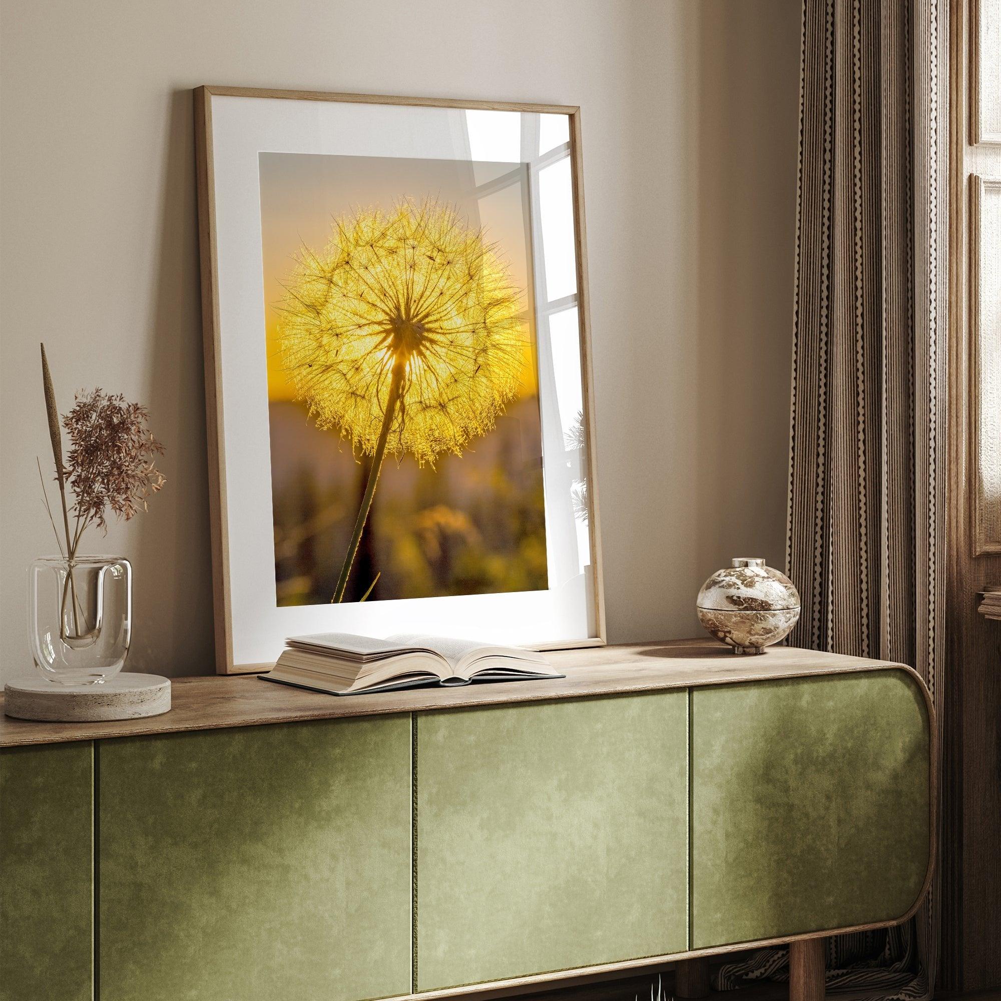 Dandelion wall art featuring a glowing dandelion at sunset, perfect for yellow wall art and floral wall decor.