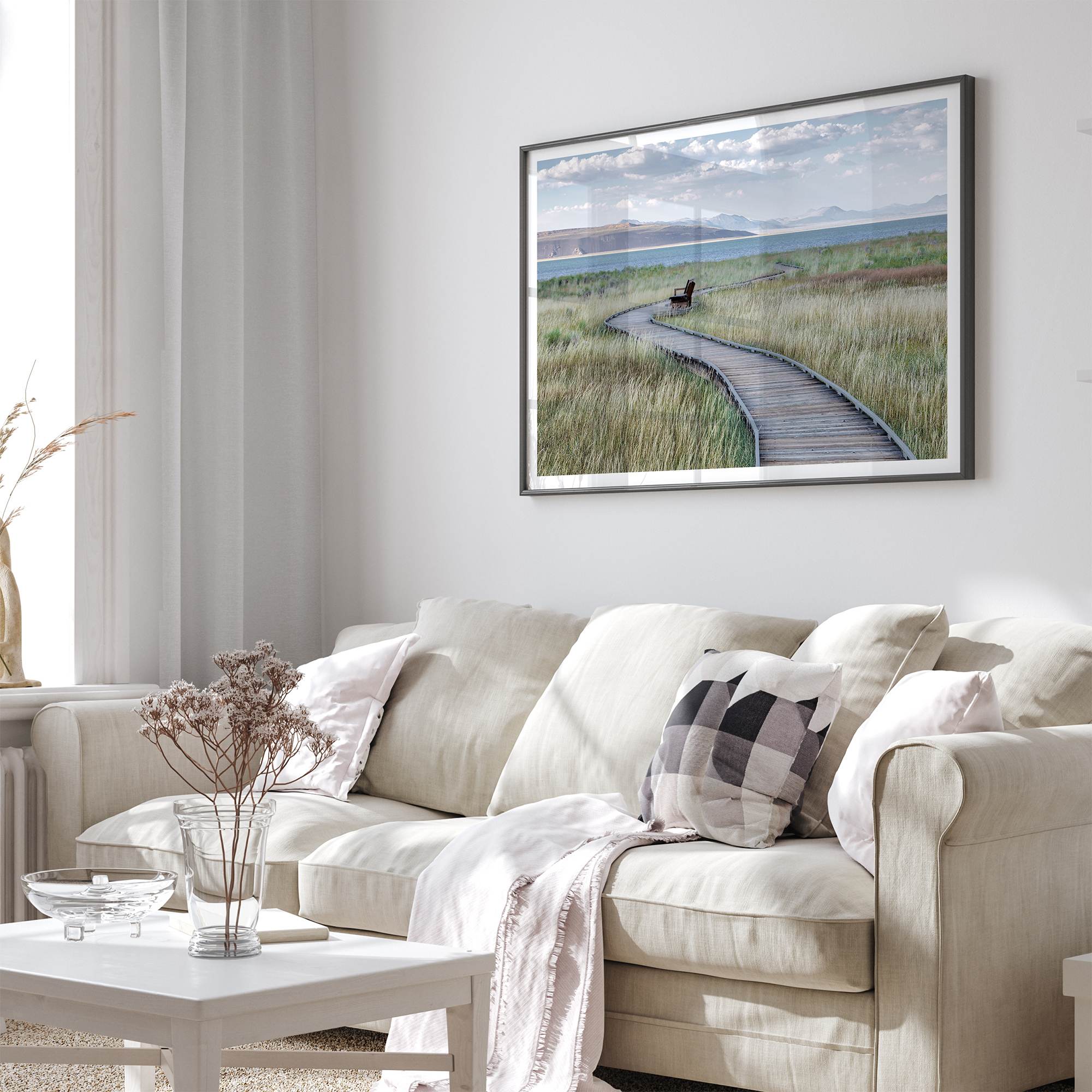 Framed Mono Lake nature photography print featuring a winding boardwalk through tall grasses, leading to a quiet bench beside the lake with mountains in the background.