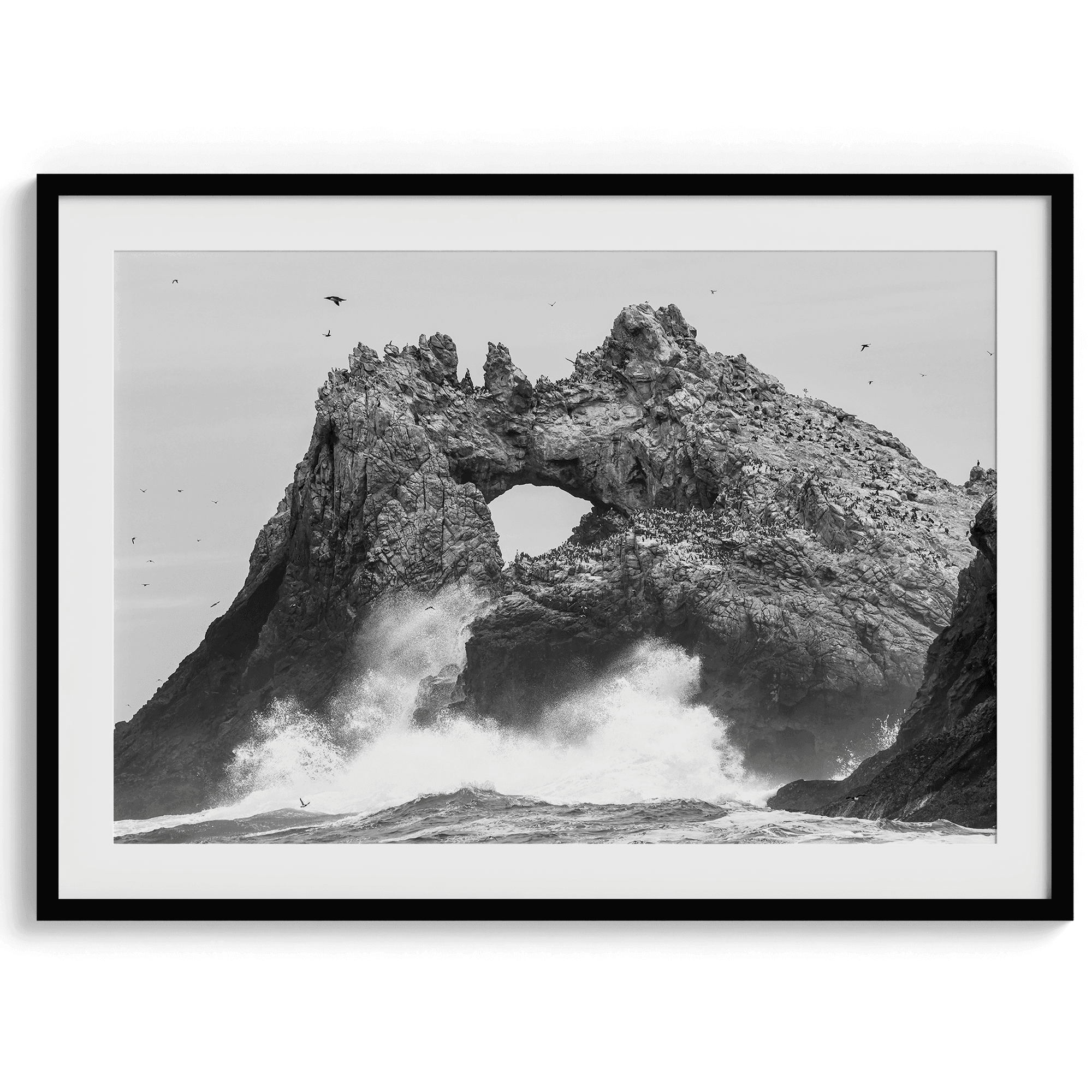 A fine art dramatic moody beach print featuring the stunning Farallon Islands near San Francisco with waves crashing against the rocks and hundreds of birds flying around.