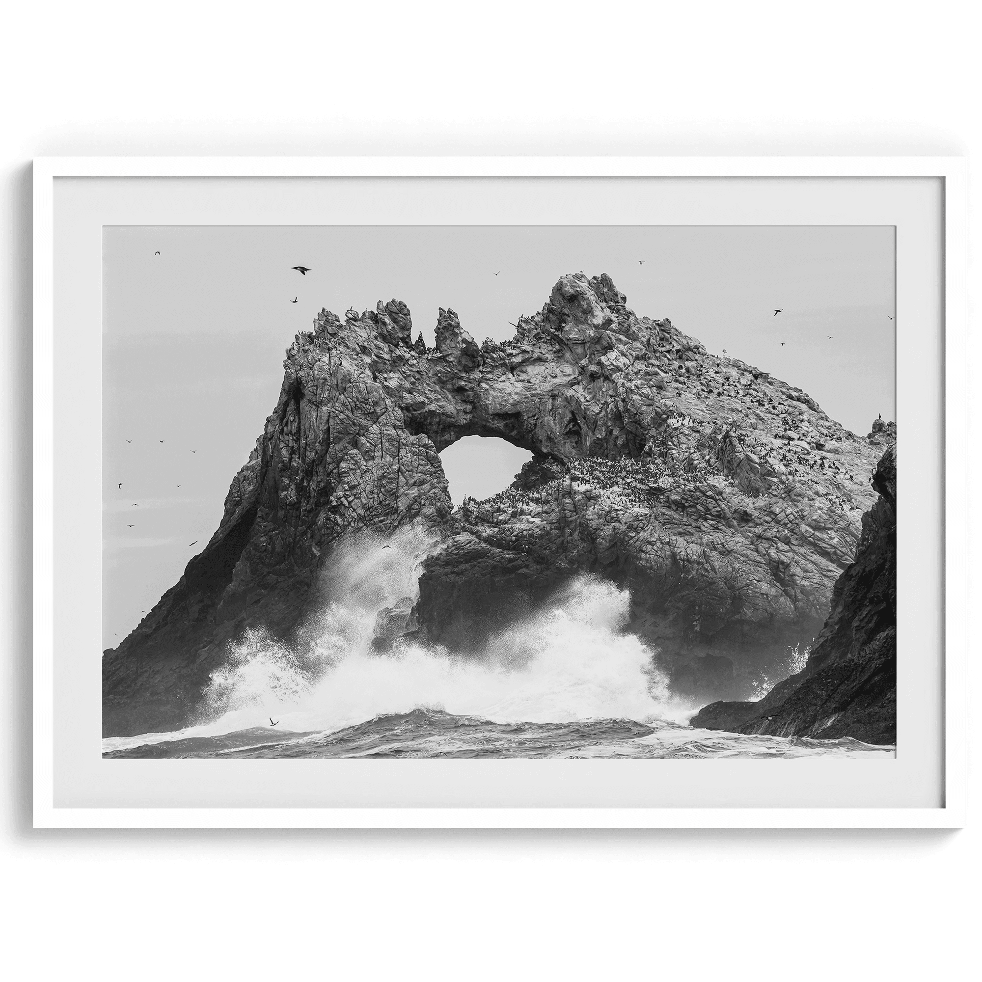 A fine art dramatic moody beach print featuring the stunning Farallon Islands near San Francisco with waves crashing against the rocks and hundreds of birds flying around.