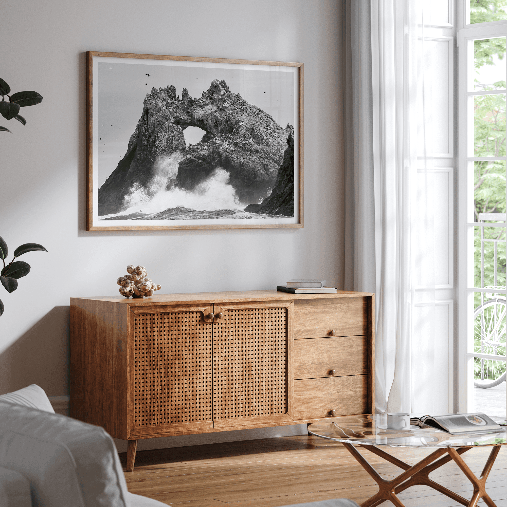 A fine art dramatic moody beach print featuring the stunning Farallon Islands near San Francisco with waves crashing against the rocks and hundreds of birds flying around.