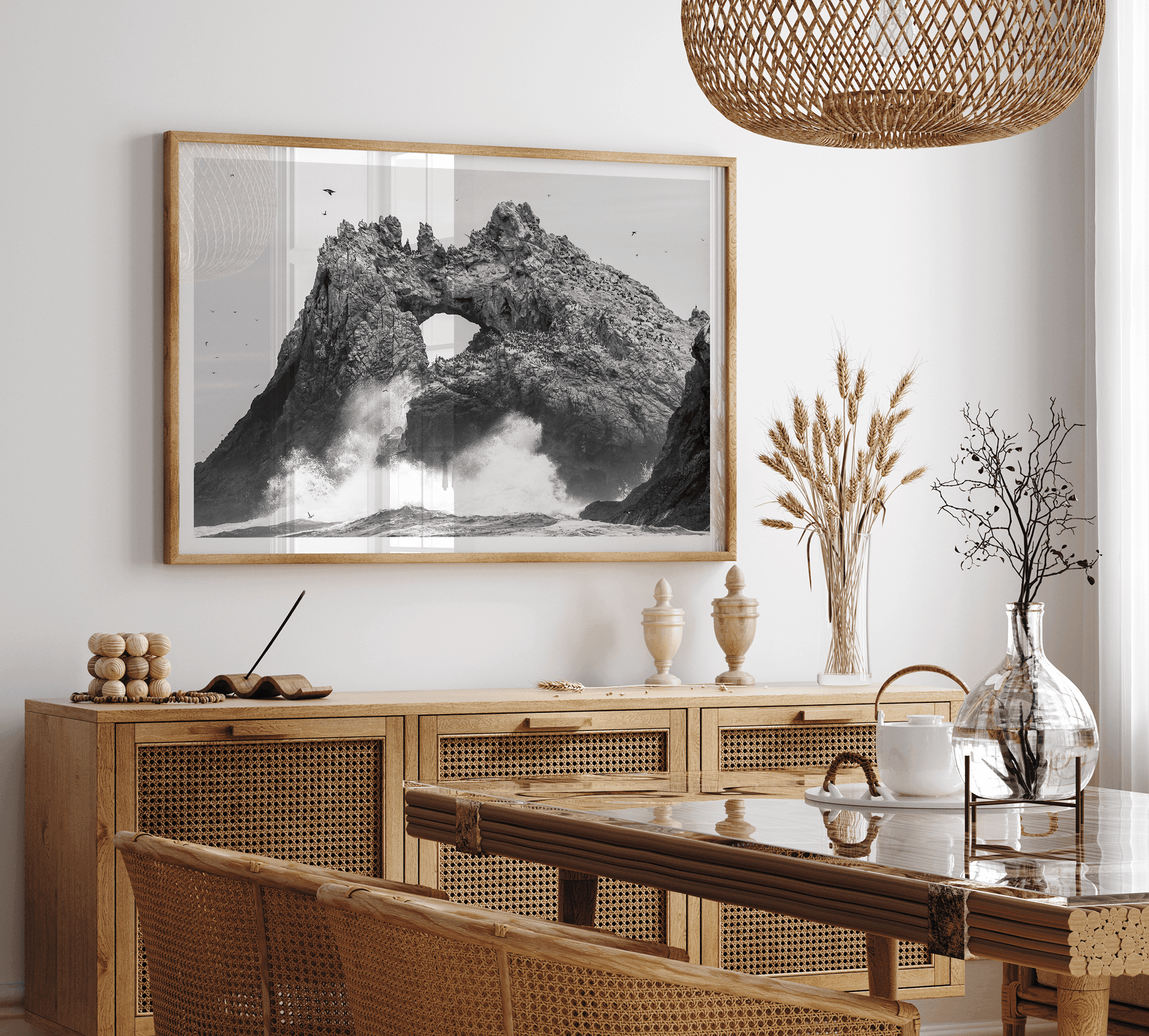 A fine art dramatic moody beach print featuring the stunning Farallon Islands near San Francisco with waves crashing against the rocks and hundreds of birds flying around.