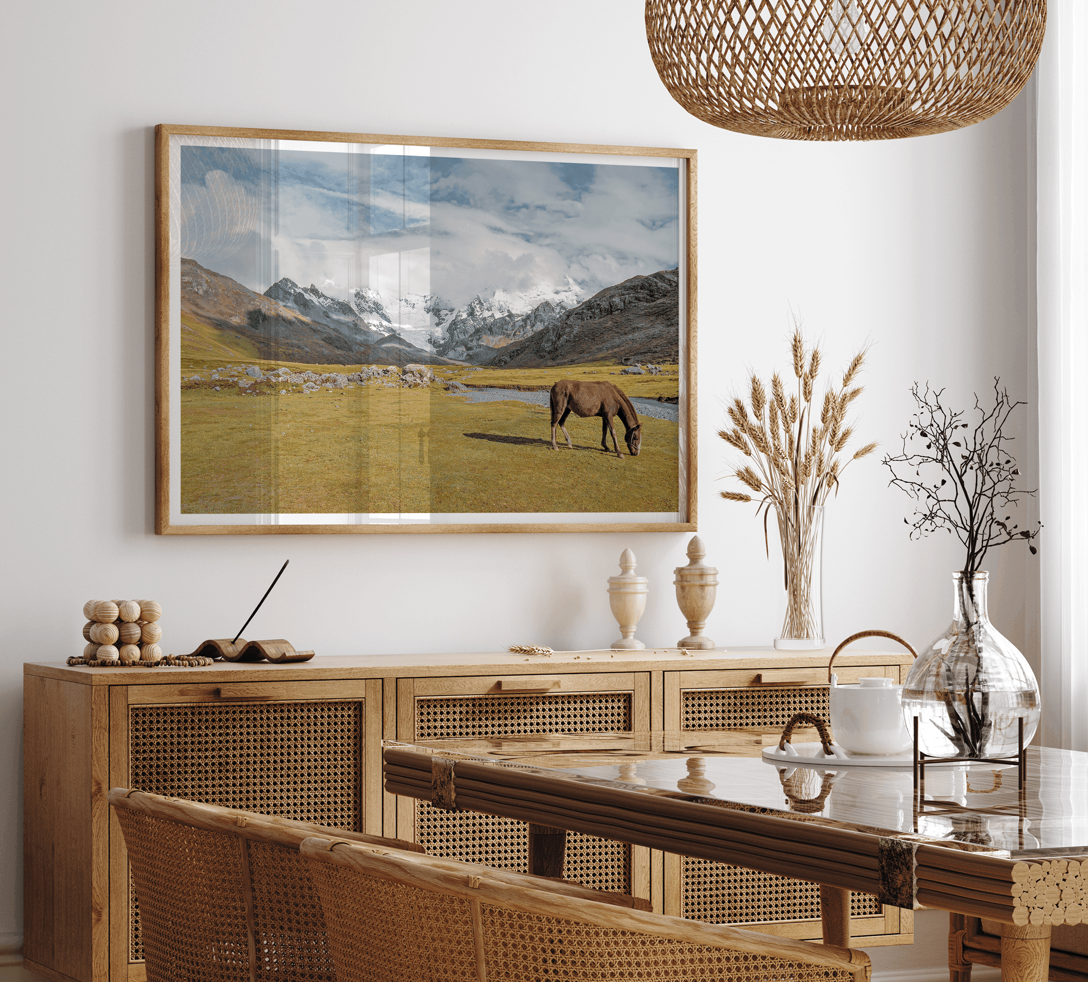 This stunning piece of mountain Horse wall art was taken in Peru and showcases beautiful snow-covered mountains and grassy meadows in Peru and a charming horse grazing relaxingly in the forefront of the picture.