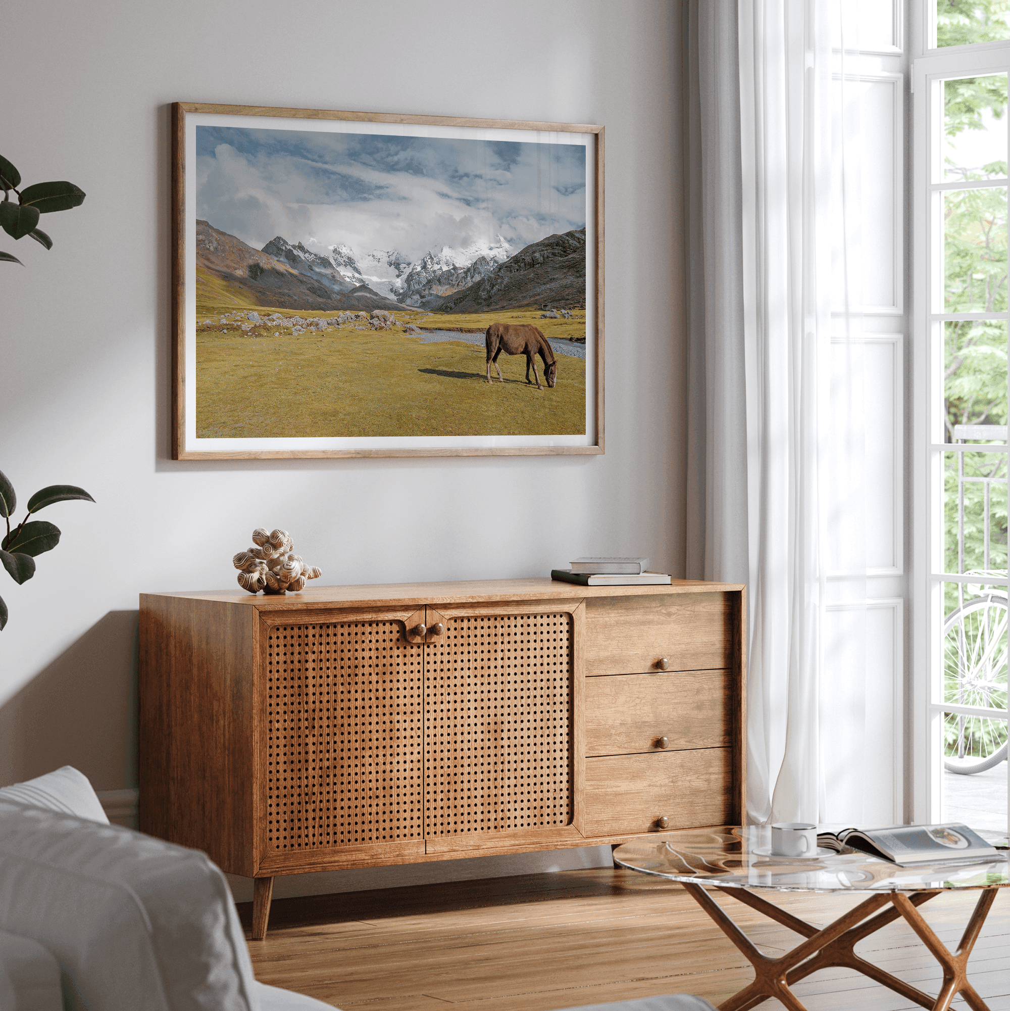 This stunning piece of mountain Horse wall art was taken in Peru and showcases beautiful snow-covered mountains and grassy meadows in Peru and a charming horse grazing relaxingly in the forefront of the picture.