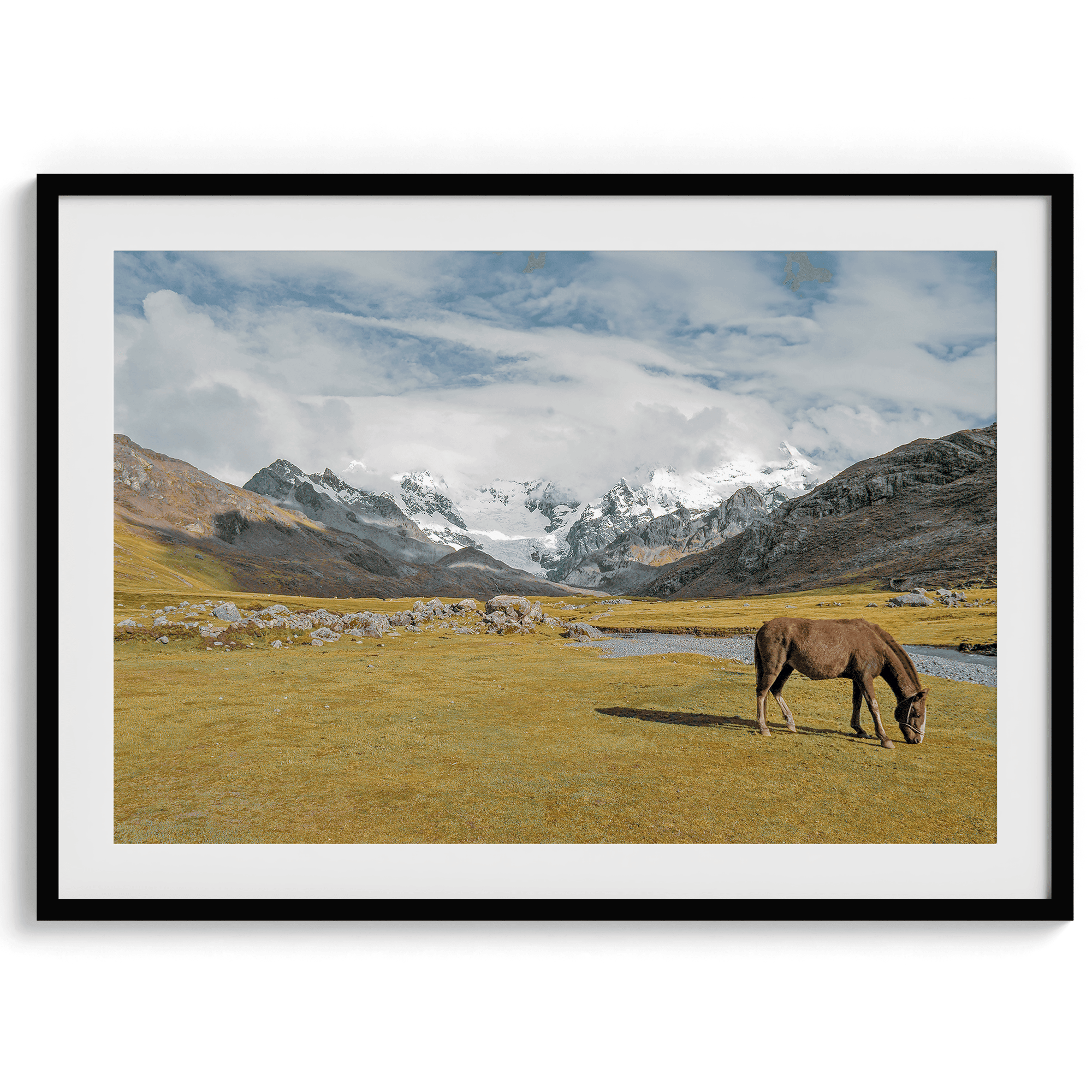 This stunning piece of mountain Horse wall art was taken in Peru and showcases beautiful snow-covered mountains and grassy meadows in Peru and a charming horse grazing relaxingly in the forefront of the picture.