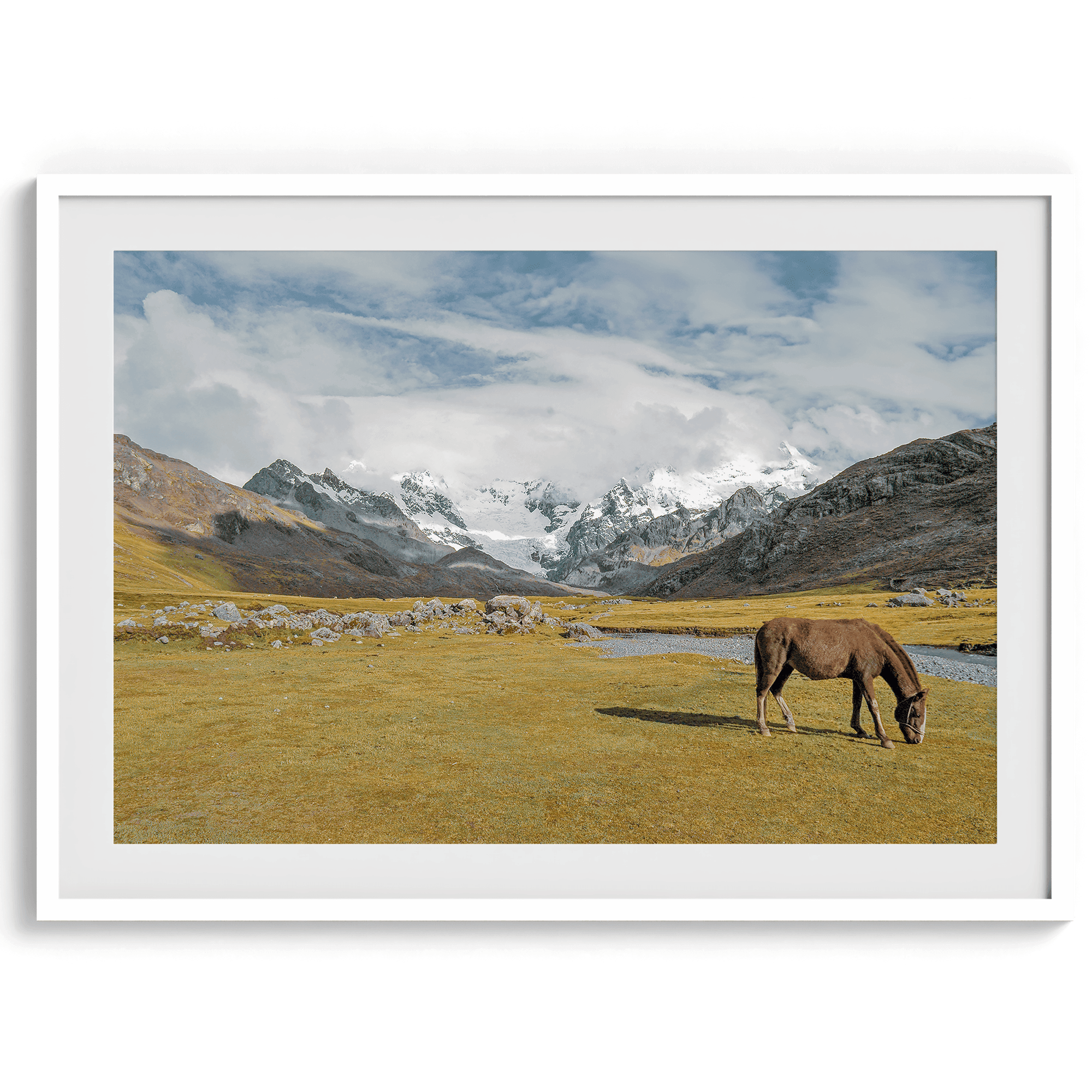 This stunning piece of mountain Horse wall art was taken in Peru and showcases beautiful snow-covered mountains and grassy meadows in Peru and a charming horse grazing relaxingly in the forefront of the picture.