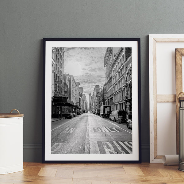 Black and white fine art print of a classic New York City street, showcasing the city's unique architecture.