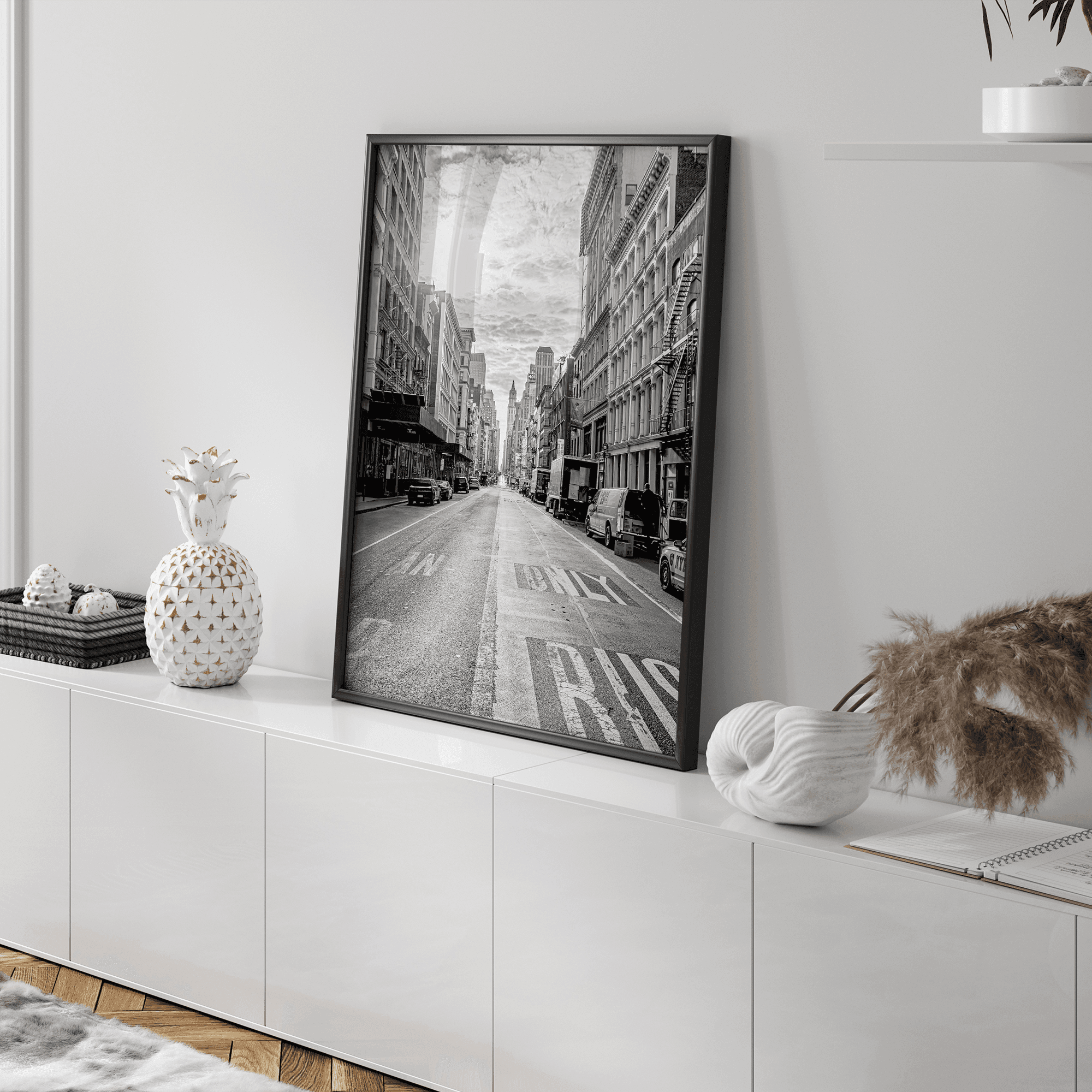 Black and white fine art print of a classic New York City street, showcasing the city's unique architecture.