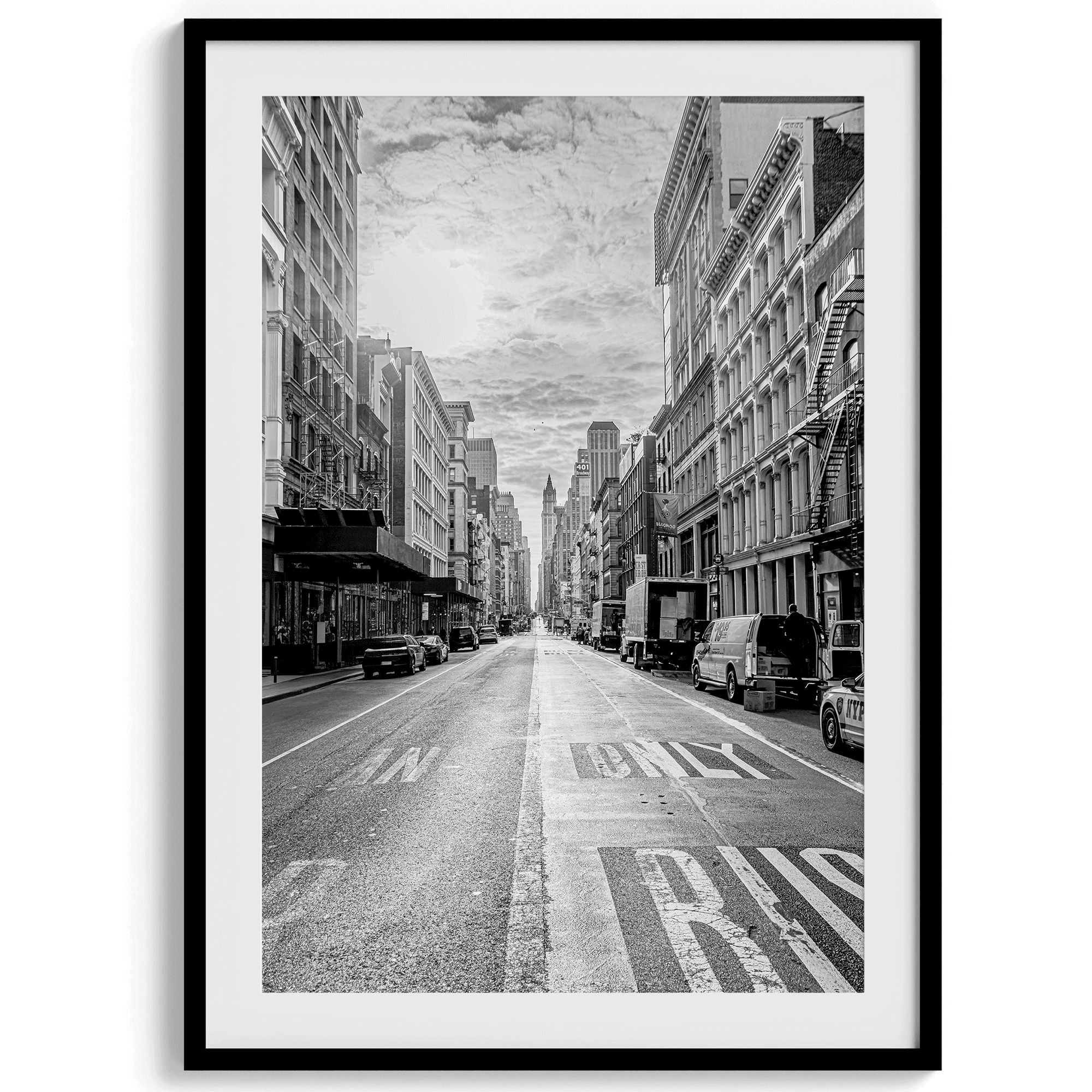 Black and white fine art print of a classic New York City street, showcasing the city's unique architecture.