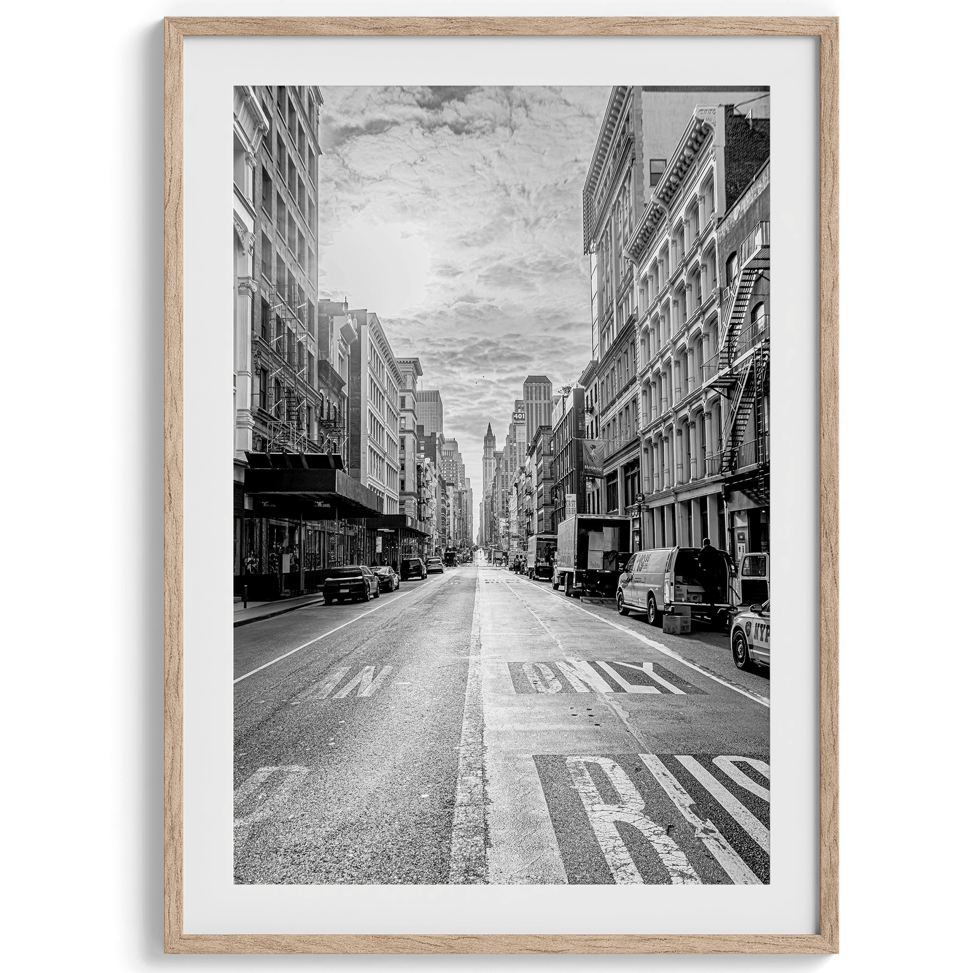 Black and white fine art print of a classic New York City street, showcasing the city's unique architecture.