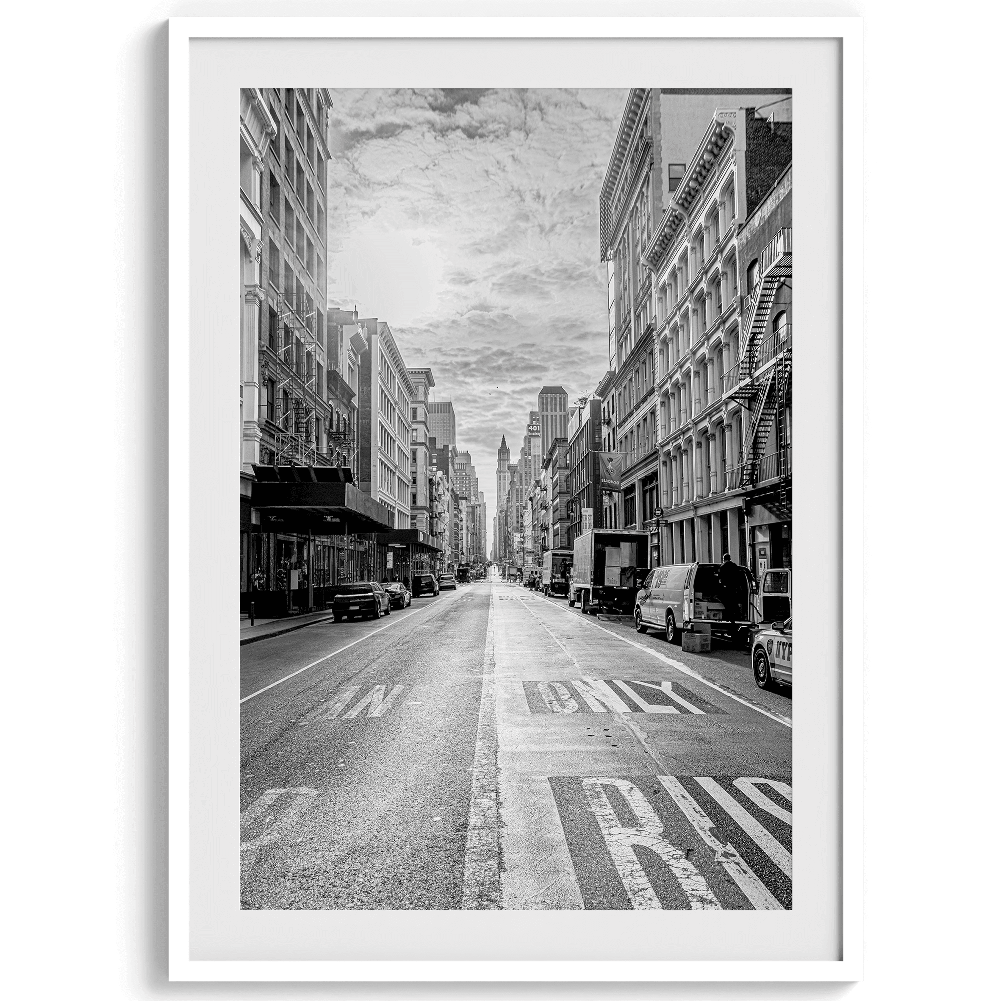 Black and white fine art print of a classic New York City street, showcasing the city's unique architecture.