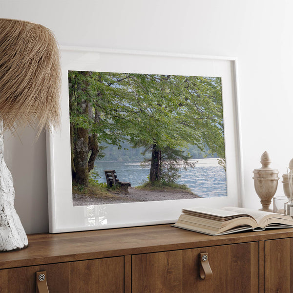 Framed serene lake print showing a bench by the water under lush green trees, with soft sunlight reflected on the calm lake surface.